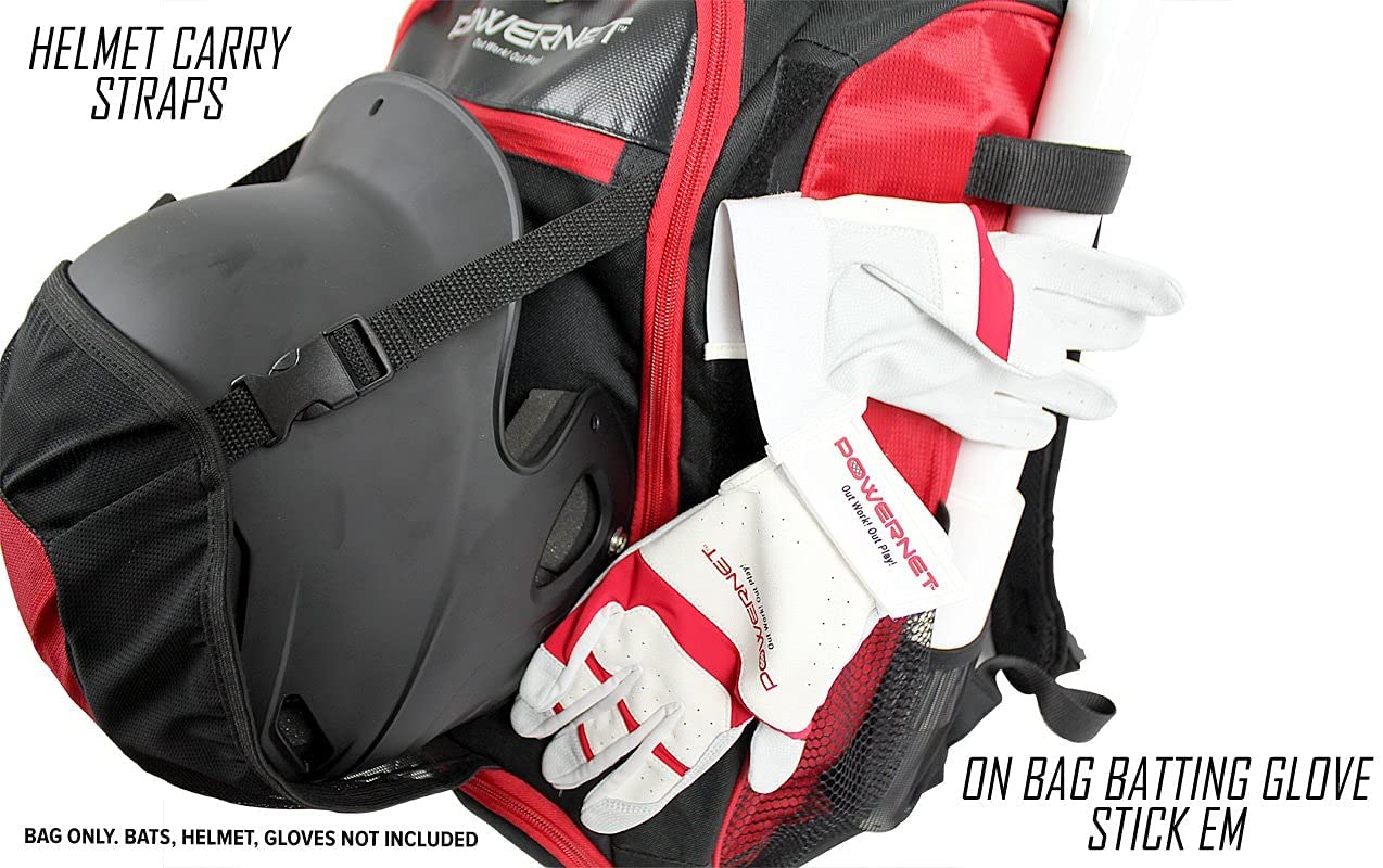 PowerNet Baseball Softball Backpack, Choose from 3 Colors Red Black Blue, Padded Helmet Carrier, Dual Bat Sleeves, Vented Cleat Compartment, Fence Hook, Hook and Loop Batting Glove Area - Image 6