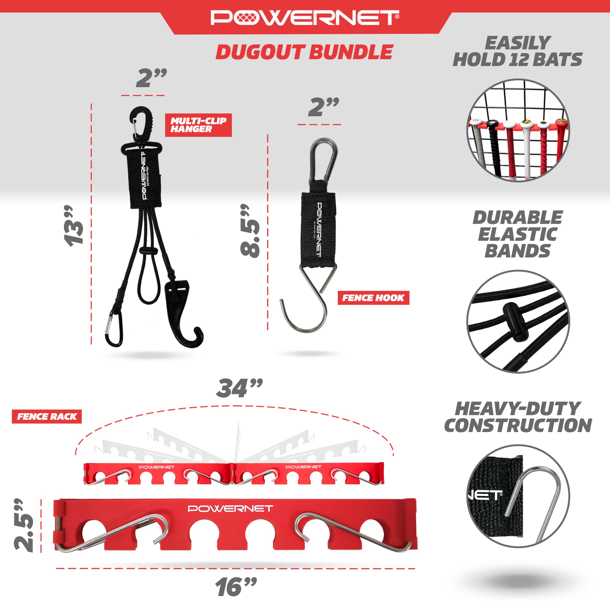 PowerNet Dugout Organizers, Softball & Baseball Bat Fence Rack, Multi-Clip Gear Hanger, Two Fence Hooks or Dugout Bundle, Baseball Coaching Accessories, Baseball Equipment Dugout Organizer with Hooks - Image 3