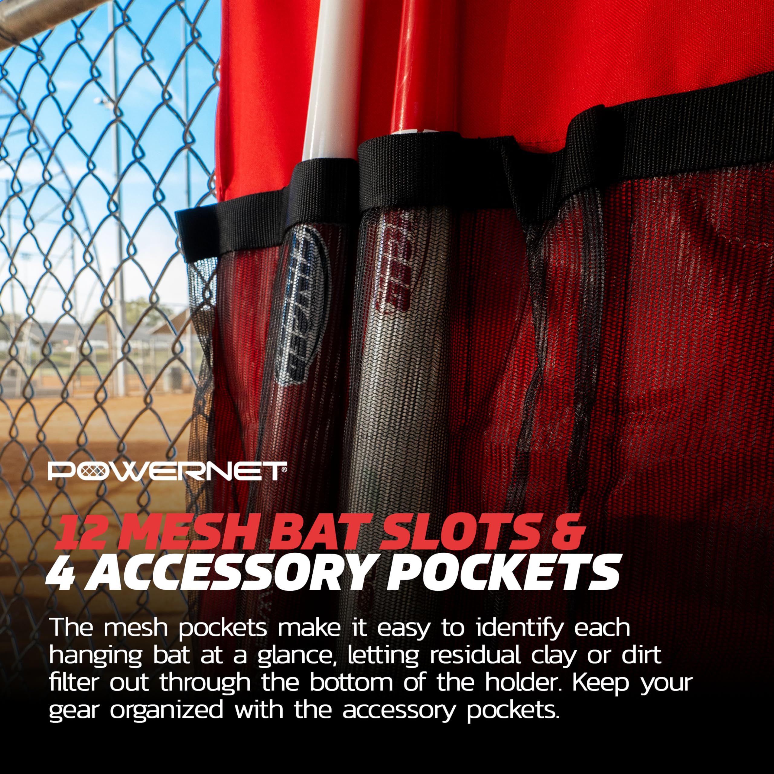 PowerNet Hanging Bat Bag Caddy for Baseball and Softball Teams, Dugout Organizer, Holds 12 Bats on Fence - Image 4