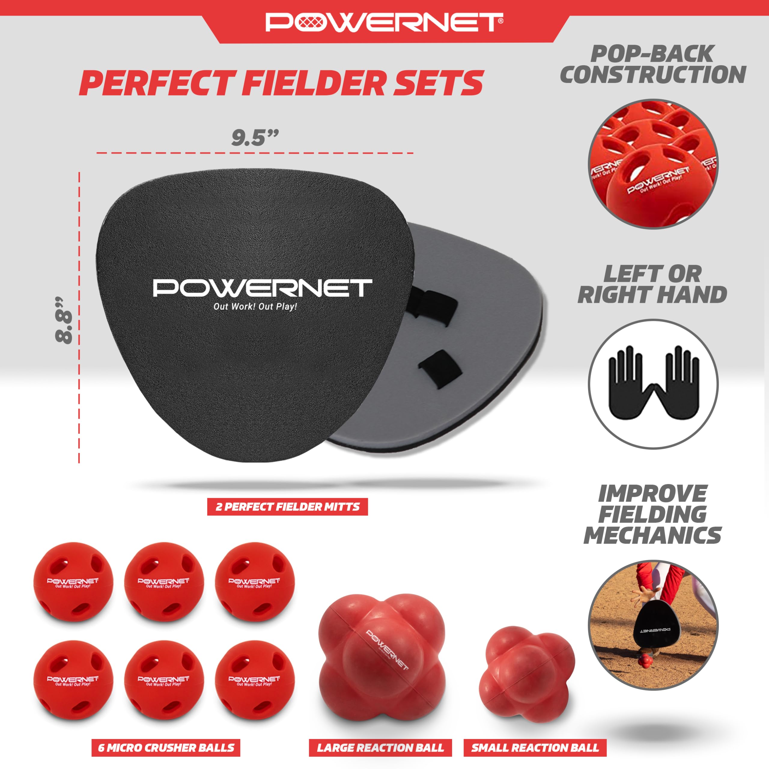 PowerNet Perfect Fielder Sets, Soft Hands Softball Baseball Training Equipment, Improve Transition Time from Glove to Hand, Perfect Fielder Mitt 2-PK, Micro Crushers, Reaction Balls, Foam Tech Balls - Image 3