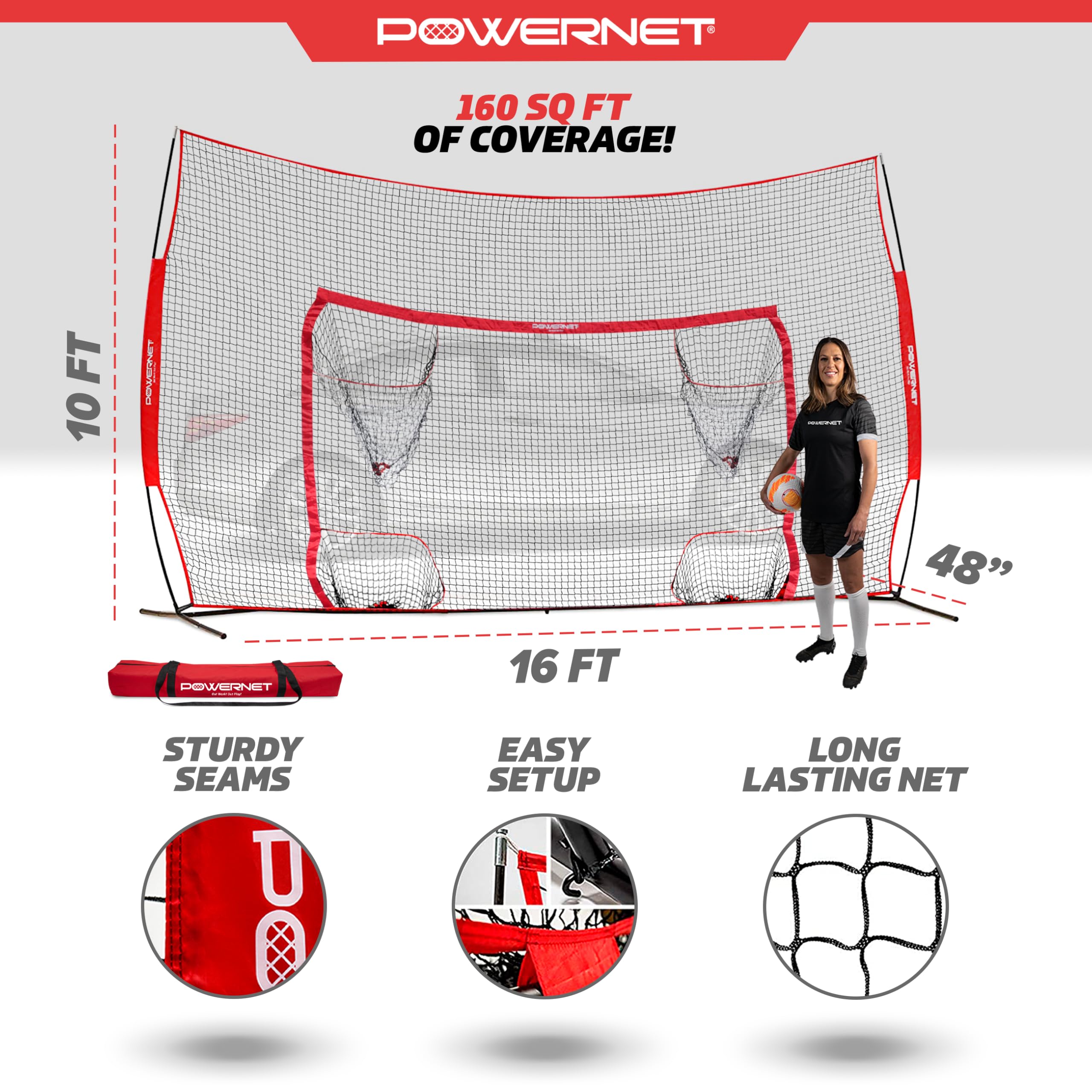 PowerNet Soccer Goal, 16x10 FT Soccer Training Equipment Combo Barrier Net, Pop Up Goal with Four Pocket Targets, Improve Accuracy, Stops Most Missed Shots - Image 3
