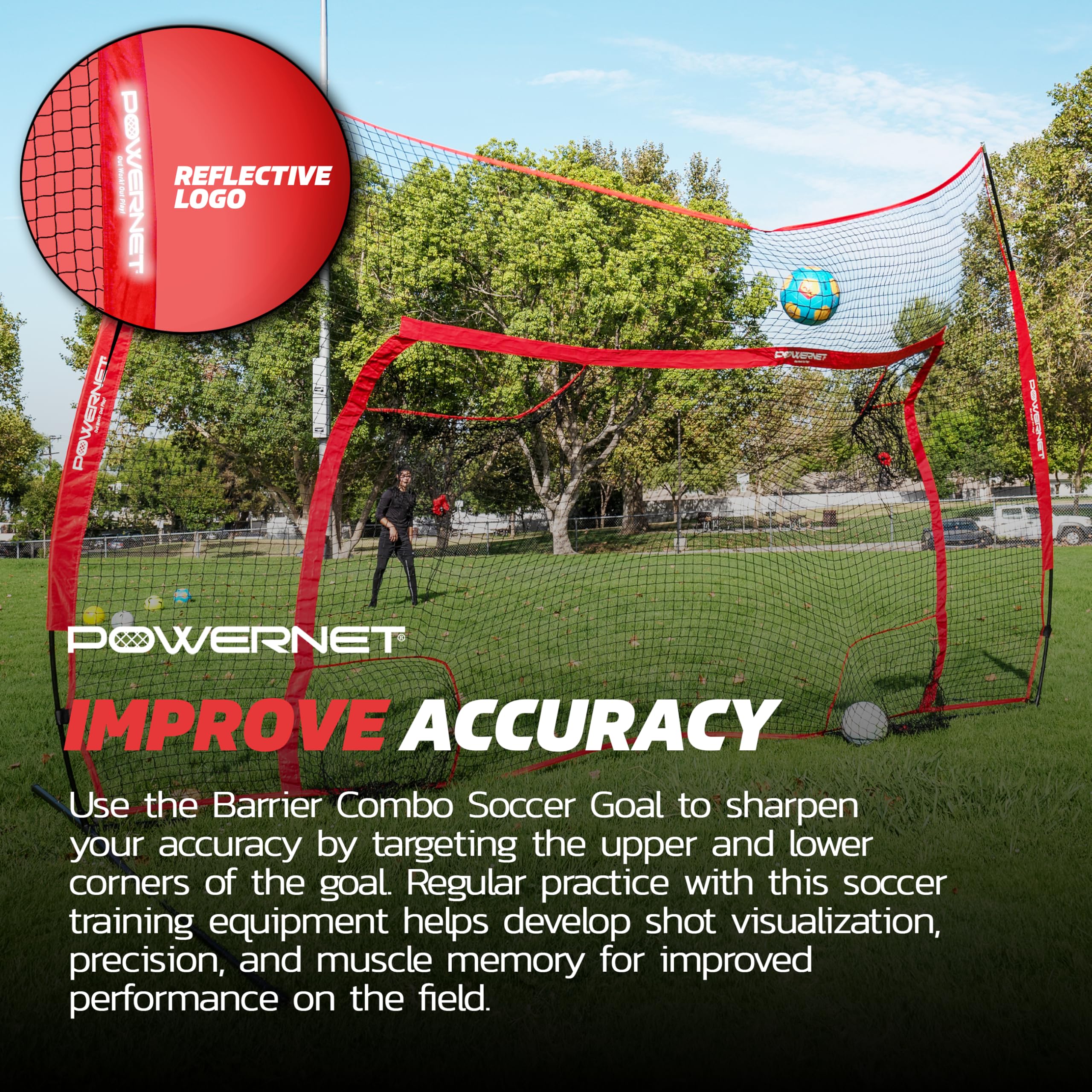 PowerNet Soccer Goal, 16x10 FT Soccer Training Equipment Combo Barrier Net, Pop Up Goal with Four Pocket Targets, Improve Accuracy, Stops Most Missed Shots - Image 4