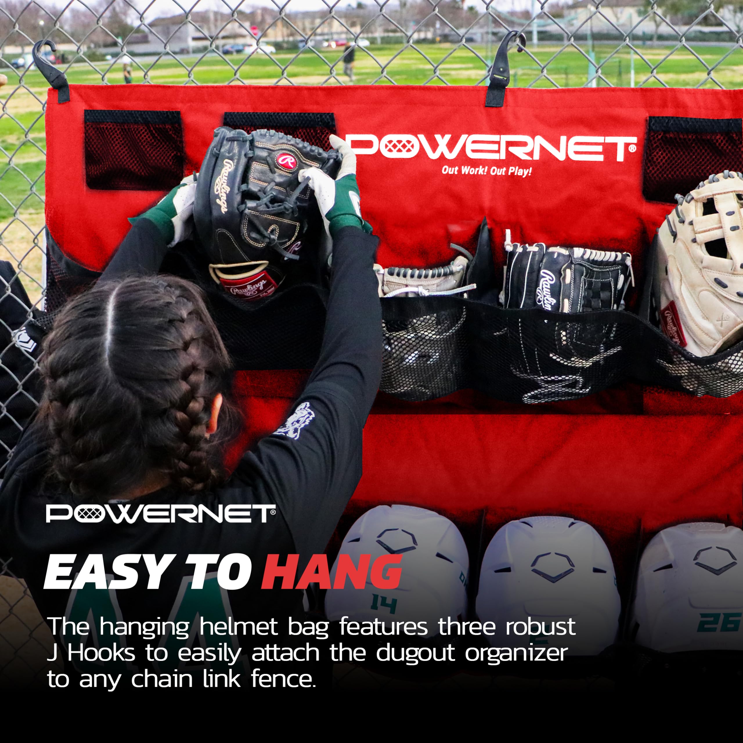 PowerNet Softball & Baseball Helmet Hanging Bag, 12 Pocket Baseball Glove & Helmet Storage Holder & Dugout Organizer, Portable Baseball Gear Training Equipment Holder, Team Colors - Image 4