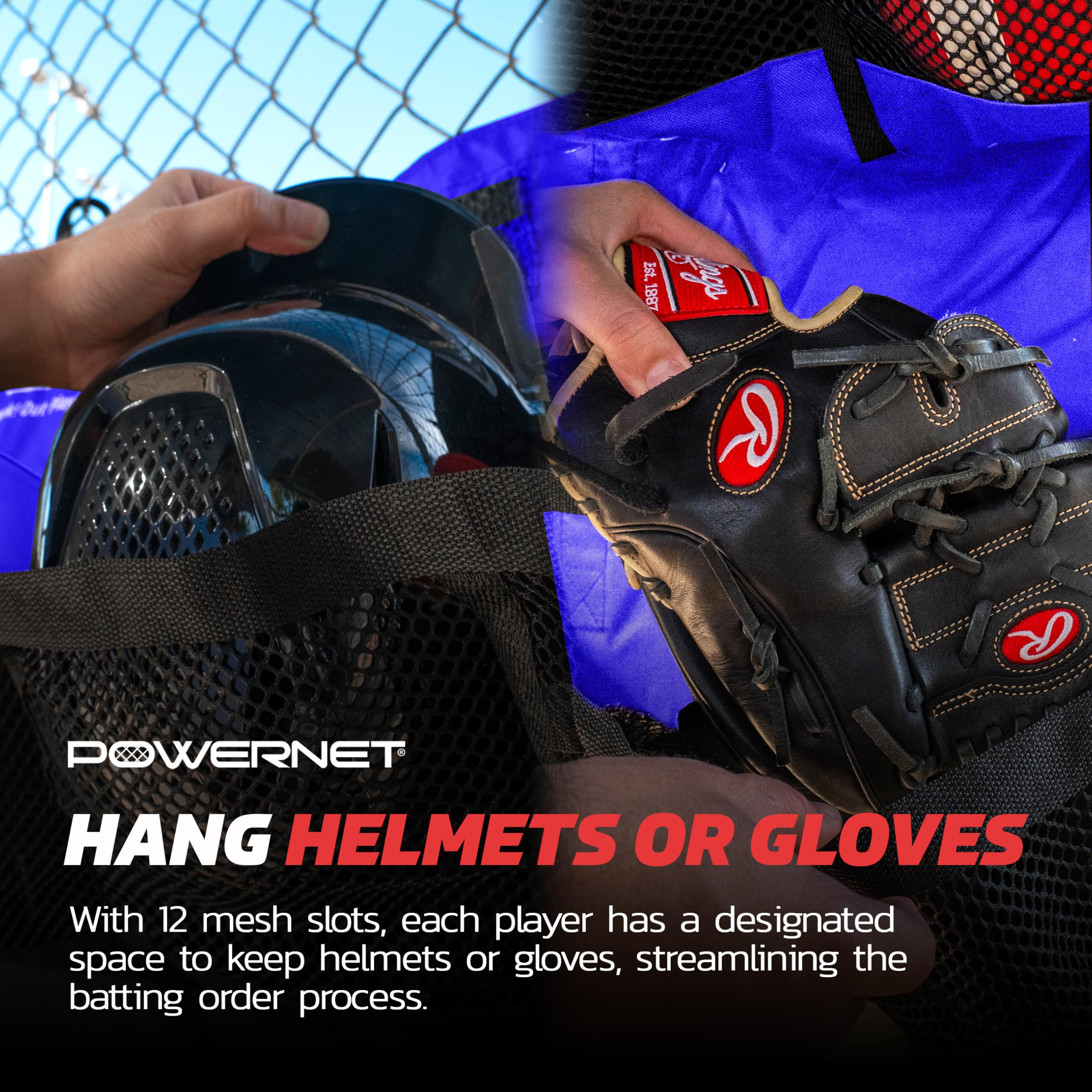 PowerNet Softball & Baseball Helmet Hanging Bag, 12 Pocket Baseball Glove & Helmet Storage Holder & Dugout Organizer, Portable Baseball Gear Training Equipment Holder, Team Colors - Image 5