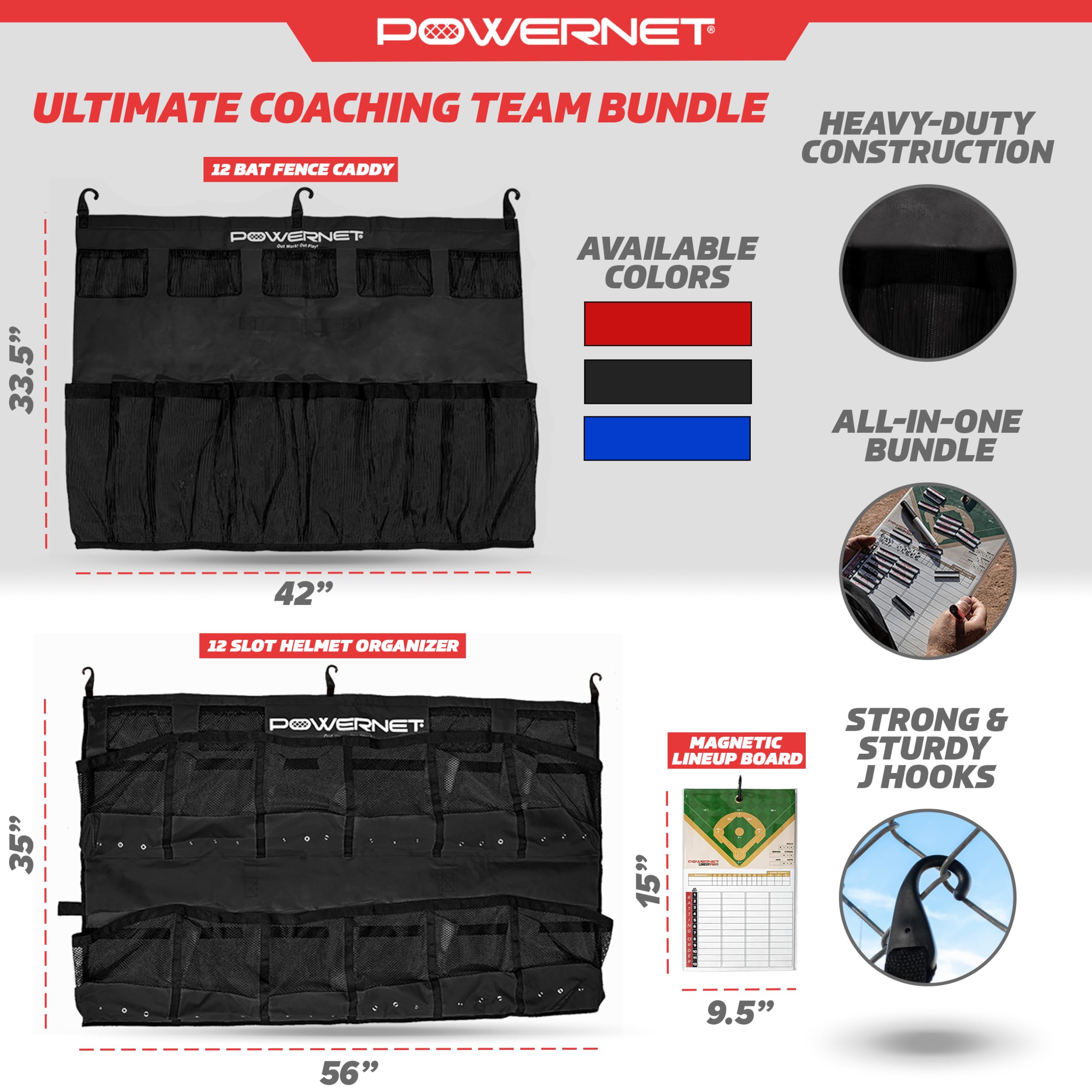 PowerNet Ultimate Coaching Team Bundle, Dugout Organizer for Baseball & Softball, Team Equipment Organizer, Hanging Bat Bag & Baseball Glove Helmet Holder, Dry Erase Magnetic Lineup Board - Image 3
