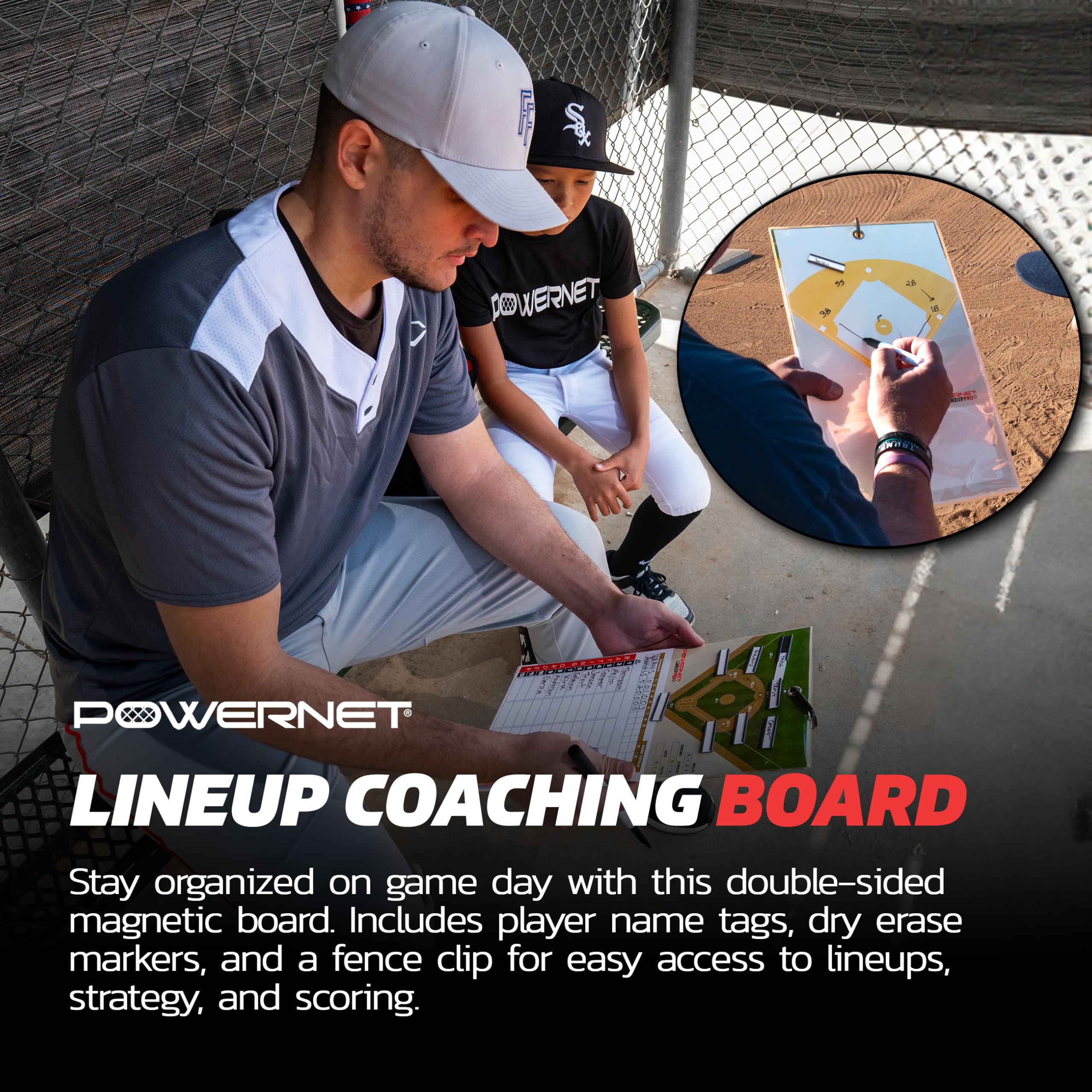 PowerNet Ultimate Coaching Team Bundle, Dugout Organizer for Baseball & Softball, Team Equipment Organizer, Hanging Bat Bag & Baseball Glove Helmet Holder, Dry Erase Magnetic Lineup Board - Image 8