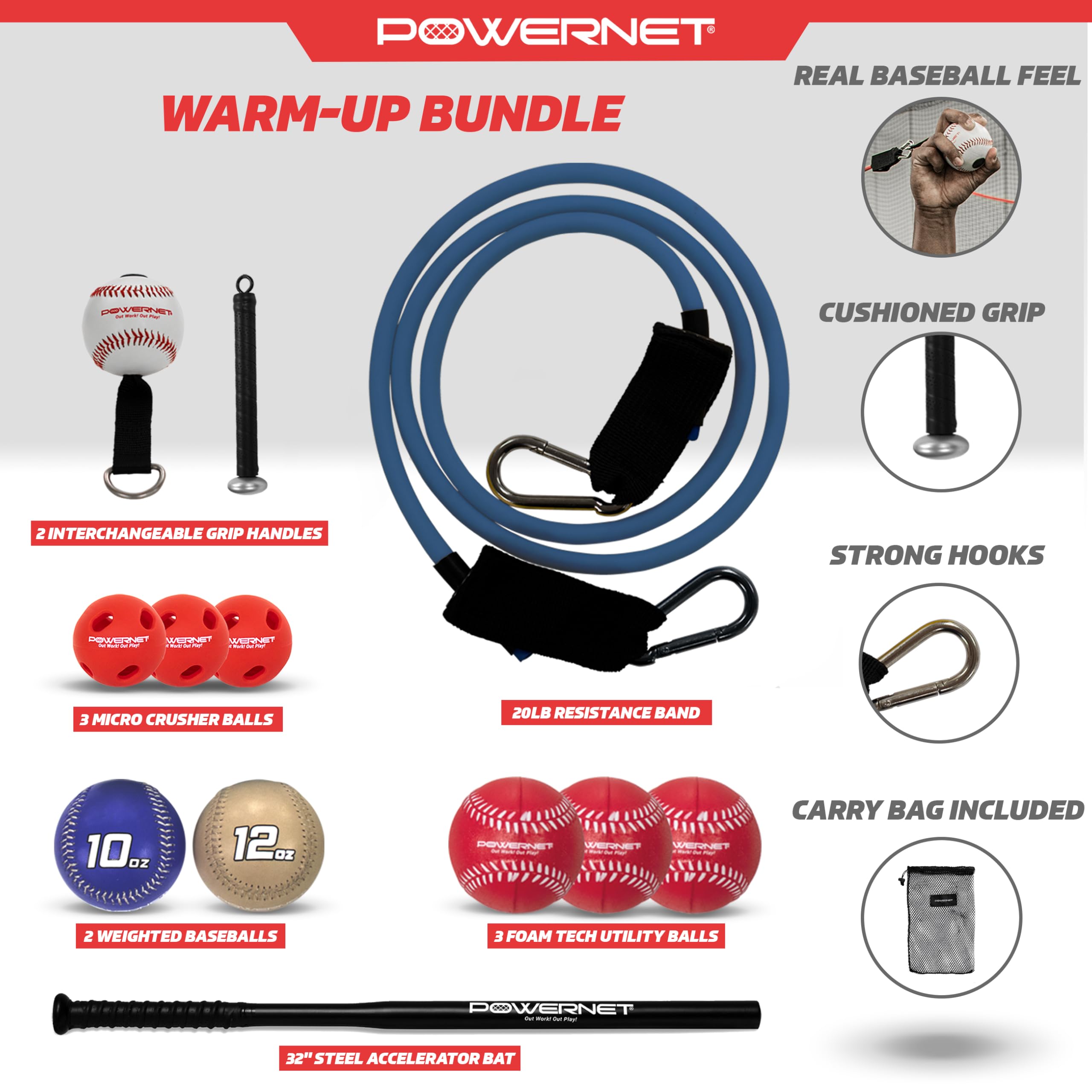 PowerNet Warm-Up Bundle, Resistance Band with 3 Different Grips, 2 Weighted Baseballs, 3 Micro Crushers, 3 Foam Tech Utility Training Balls & Bat Accelerator, Softball & Baseball Training Equipment - Image 3