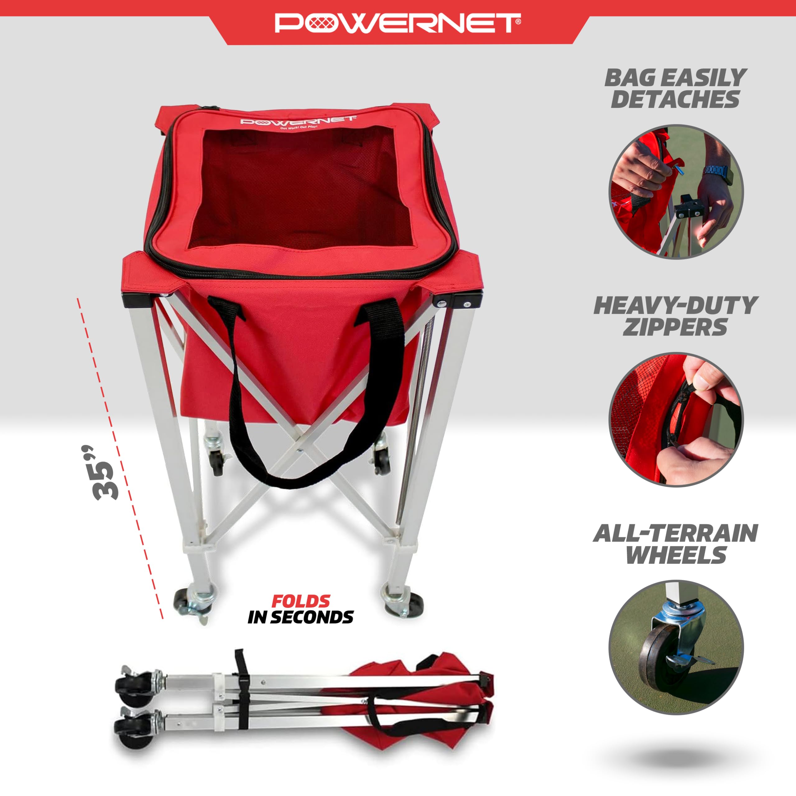 PowerNet Wheeled Caddy Cart for Baseball, Softball and Tennis Balls, Portable Multi Sport Baseball & Tennis Ball Hopper for Use During Training and Drills - Image 3